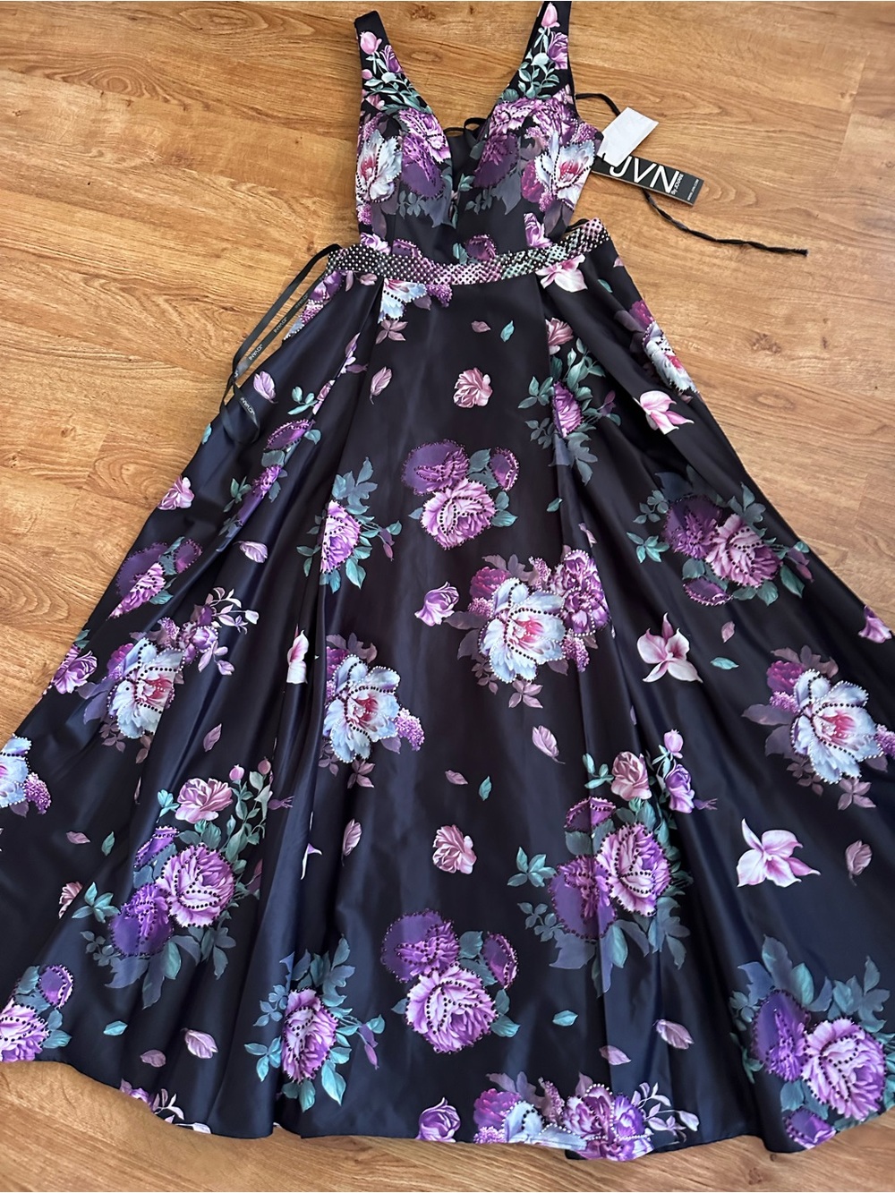 NWT JVN by Jovani Black Purple Floral Print Evening Gown Size 14